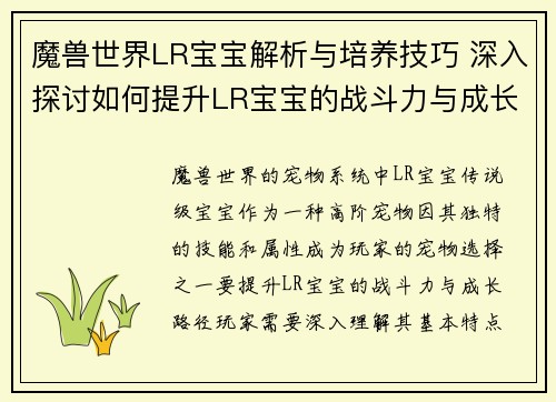 魔兽世界LR宝宝解析与培养技巧 深入探讨如何提升LR宝宝的战斗力与成长路径